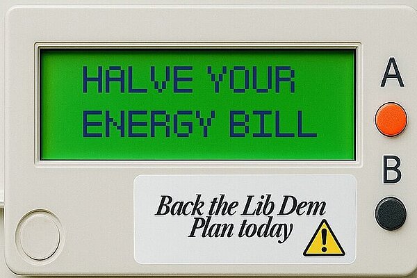 Energy meter display saying "Halve Your Energy Bill"
